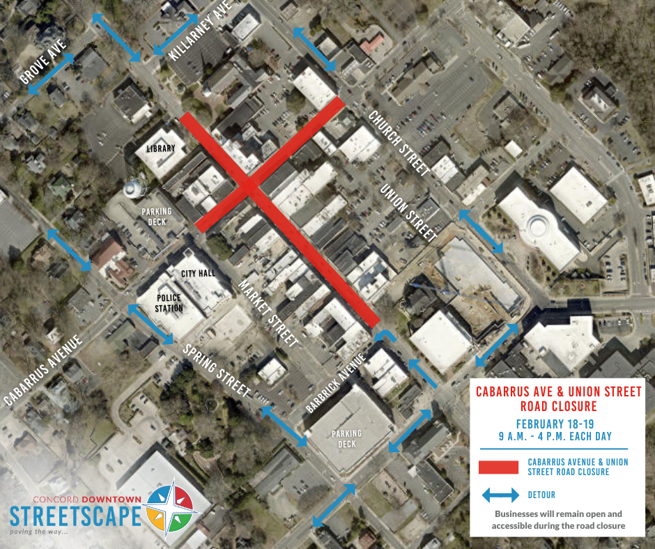 Detour Map for the Cabarrus Ave & Union St Intersection Closure